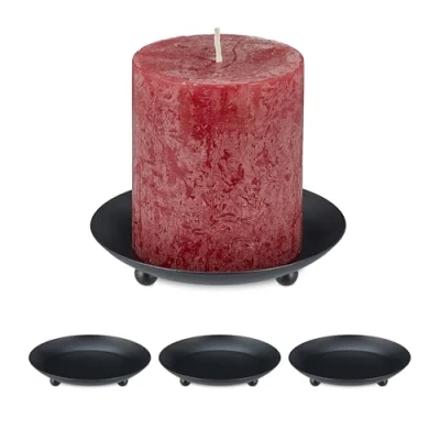 Afbeelding van Relaxdays kandelaar stompkaars, set van 4, Ø 10cm, ronde kaarsenhouder, kaarsenstandaard metaal, stompkaarshouder, zwart