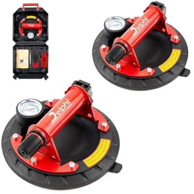 Afbeelding van DELPHI Set met zuignappen, tegels, glaszuiger, glaslift, 120 kg, 200 mm, ergonomische vacuümlift, antislip zuignappen voor veilig transport van ruiten, glas, koffer (2