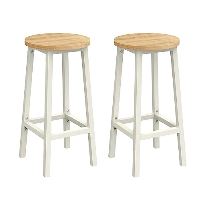 Afbeelding van VASAGLE Barkruk, set van 4, keukenstoel, hoge zitting, metalen frame, eenvoudige montage, met voetensteun, voor keuken, woonkamer, eetkamer, eikenbeige en wit, LBC232W09