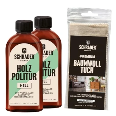 Afbeelding van SCHRADER houten polijstmiddel licht, meubelpolish, verfrist gelakte meubels, 2 x 250 ml, met polijstdoek, Made in Germany