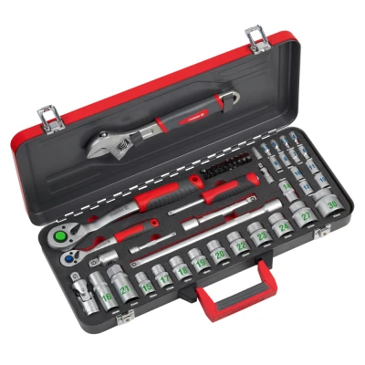 Afbeelding van Meister Bit en dopsleutelset 56 delig 1/2 + 1/4 inch aandrijving grote cijfers chroom vanadium staal robuuste metalen koffer gebogen ratelkast/ratelkast / 8429200