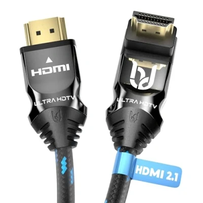 Afbeelding van Ultra HDTV 90 8K HDMI 2.1 kabel 5m kort, hoekstekker, 48 Gbps, @60Hz, 4K @120Hz, knikbescherming, premium nylon mantel, voor tv, monitor, PS5, Xbox, home entertainment