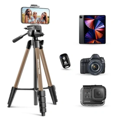 Afbeelding van UBeesize Camera Statief, 163 cm Statief Draagbaar met Afstandsbediening en Mobiele Telefoon Houder,Aluminium Foto voor Video Recording, Live Streaming Champagne