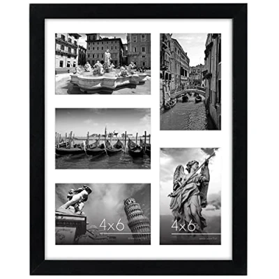 Afbeelding van Americanflat 11x14 fotolijst in zwart Vijf 4x6 fotolijstopeningen met breukvast glas multidiafragma collageslijst horizontaal en verticaal formaat voor muur inch