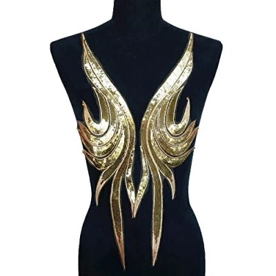 Afbeelding van Yulakes Goud Blauw Borduurwerk Kant Applicatie Patch Pailletten Hals Bruiloft Elegante Jurk Naaien DIY Bruidsjurk Decoratie Kleding Accessoires (Gold)