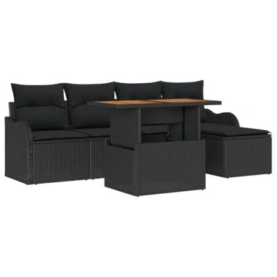 Afbeelding van vidaXL 6 delige Tuin Sofa Set met Kussens Zwart Poly Rattan, 2 zit Opbergruimte &amp; Rattan