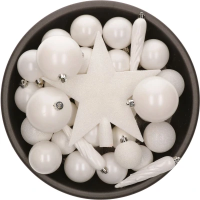 Afbeelding van 33x stuks kunststof kerstballen met piek 5 6 8 cm wit incl. haakjes Kerstbal