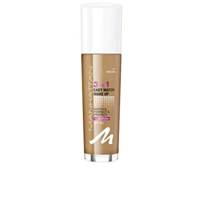 Afbeelding van Manhattan 3 in 1 Easy Match make up, vloeibare foundation voor donkere huid met SPF 20, kleur Mocha 41, x 30 ml
