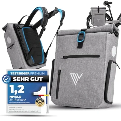 Afbeelding van MIVELO 3 in 1 fietstas voor bagagedrager, rugzak en bagagedragertas achter, omgebouwd 15 seconden, fietsrugzak, 100% waterdicht, tas fiets incl. laptopvak + schouderriem (grijs)