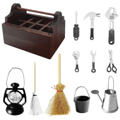 Afbeelding van UQTUKO miniatuur gereedschapskist, 12 stuks houten gereedschapskist met gereedschap, 1:12, miniatuuraccessoires, poppenhuis, accessoires, kist, voor