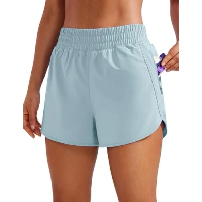 Afbeelding van CRZ YOGA Dames Korte Sport Broek Running Hoge Taille Fitness Shorts met Rits Pocket Licht grijsachtig blauw XL