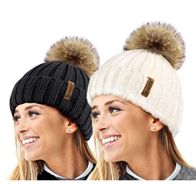 Afbeelding van TOSKATOK® Womens Winter Rib Gebreide Muts/Beanie met afneembare Chunky Faux Bont Bobble Pom Pom, zwart/crème Twin Pack, One size