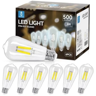 Afbeelding van Aigostar E27 Filament LED Lamp 4W (vervangt 42W), Cool White 6500K, 500 Lumen, ST64 Bulb, niet dimbaar 6 Stuks