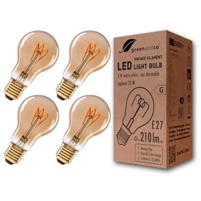 Afbeelding van 4x greenandco® Vintage filament LED lamp amber E27 A60 3W 210lm 2000K extra warm wit 360 230V flikkervrij, niet dimbaar