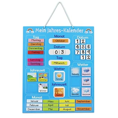 Afbeelding van Navaris leerkalender voor kinderen Magnetisch kalenderbord met seizoenen en het weer Jaarkalender magneten in Duits Blauw Trein