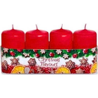 Afbeelding van Set van 4 stompkaarsen, adventskaarsen, adventskranskaarsen in adventsrood, geurrichting kaneel peperkoek en kerstkoekjes, levering stuks, brandduur ca. 10 uur, afmetingen H/Ø 7 x cm,
