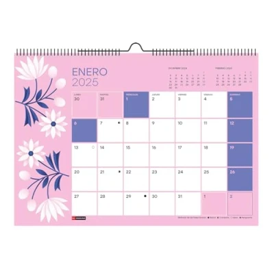Afbeelding van Miquelrius Wandkalender 2025, A3 kalender, 420 x 296 mm, met notitieveld, kalender dubbele spiraalbinding, jaarkalender om op te hangen, Spaans, bloemenmotief
