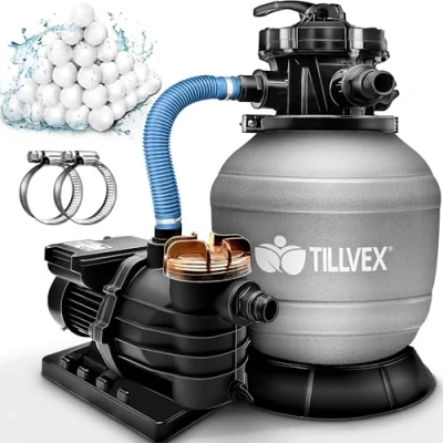 Afbeelding van tillvex Zandfiltersysteem 13.200L/h tot 40.000L + 1200g Filterkogels Zandfilterinstallatie 7 weg ventiel &amp; Adapter Ø32 38mm Zwembadfilter met drukweergave Zandfilter zwembad (Grijs)