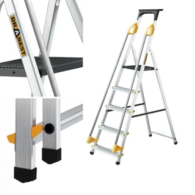 Afbeelding van Drabest PRO SERIE Ladders 5 Traps Aluminium Huishoudladder met Leuningen 150kg Trapladder Multifunctioneel Opvouwbare 45x170x12 cm