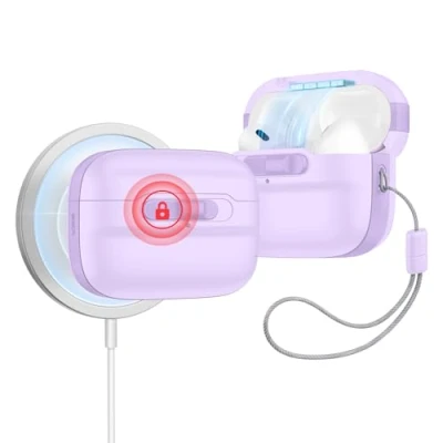 Afbeelding van ESR AirPods Pro 2 beschermhoes, compatibel met 2e/1e generatie (2023/2022/2019), MagSafe geactiveerd, magneetsluiting, valbescherming koord, pulse serie, violet