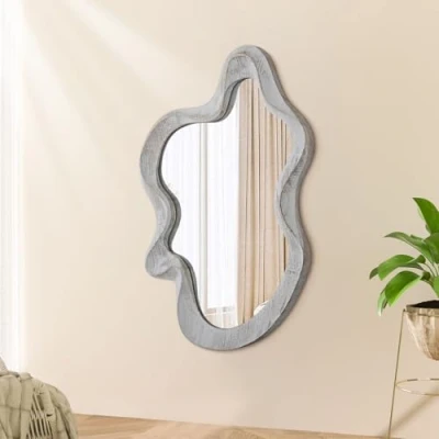 Afbeelding van Onregelmatige Houten Ingelijste Wandspiegel Moderne Asymmetrische Unieke Opknoping Spiegel Artistiek Wolk Vorm Muur Decor Badkamer Vanity Slaapkamer Woonkamer Entryway Hal Grote