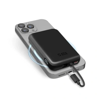 Afbeelding van SBS Power Bank Accu Pack 5000mAh Compatibel met MagSafe Wireless Charging Geïntegreerde USB C Kabel Port Status LCD Universeel voor iPhone Samsung Xiaomi Oppo zwart