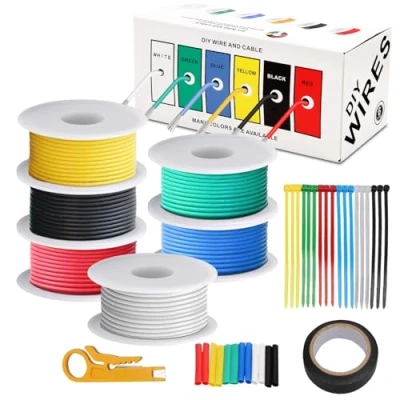 Afbeelding van Coomoors 22AWG elektrische kabel, siliconen vertind koperdraad, flexibele autokabel, 6 verschillende gekleurde spoelen van 7 meter 22 AWG, draadhaak, kabelkit)