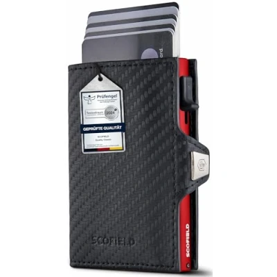 Afbeelding van SF SCOFIELD Duality Classic Slim Wallet met muntvak, kaartenetui voor heren 9 10 kaarten, portemonnee RFID bescherming, creditcardhouder, Carbon Cherry Red, Druckknopf + Ohne Münzfach,