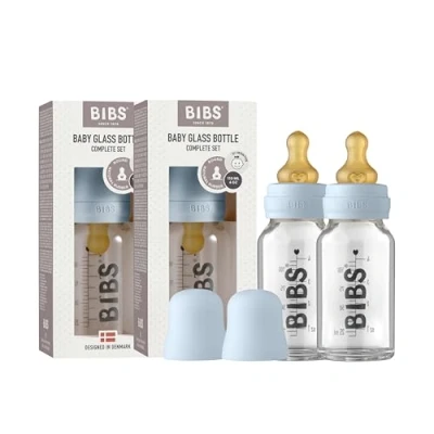 Afbeelding van BIBS Babyglazen fles, 110 ml, verpakking van 2 stuks, vermindert koliek, ronde zuiger natuurlijk rubberlatex, ondersteunt borstvoeding, complete set, ml (pak 2), babyblauw