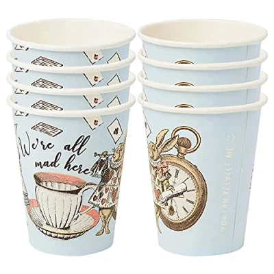 Afbeelding van Set van 8 blauwe Alice in Wonderland papieren bekers Wegwerpservies, recyclebaar voor thuis Benodigdheden Mad Hatter theekransje, verjaardag, moederdag