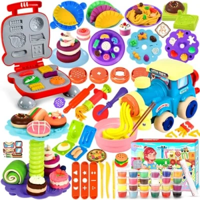 Afbeelding van ZLPBAO Kleiset kneedgereedschap voor kinderen, 85 stuks, kleiaccessoires met 24 blikjes, plasticine gereedschap, pastamachine, speelset, hamburger, ijs, speelgoed, cadeau meisjes en jongens van