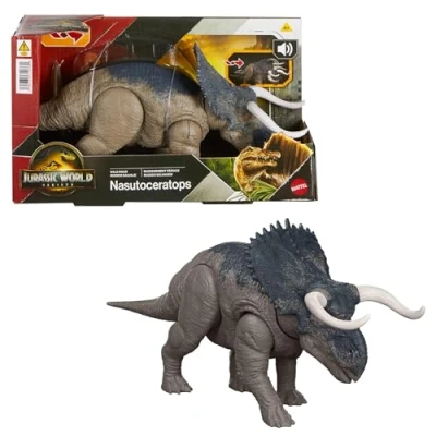 Afbeelding van Mattel Jurassic World Rebirth Wild Brullende Nasutoceratops, dinosaurusspeelgoed, met de staart geactiveerde hapbeweging, aanval in meerdere richtingen en geluid, beweegbaar, digitaal spelen, JGC81