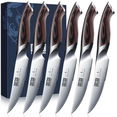 Afbeelding van HOSHANHO Steakmessen, set van 6 stuks, ultrascherp, 11,5 cm, gekartelde tafelmessen, Japanse bijstemes AUS 10 koolstofstaal met ergonomische handgreep