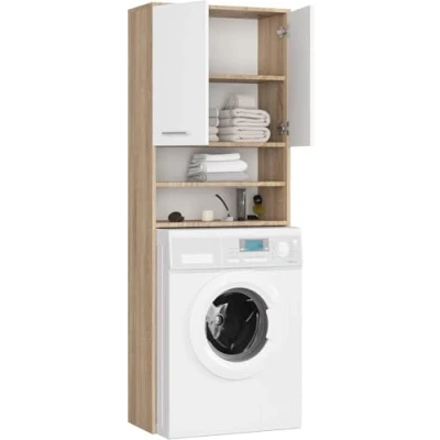 Afbeelding van BDW Wasmachinekast, 180 x 64 30 cm, hoge badkamerkast, badkamermeubel, badkamerrek, wasmachine, eiken sonoma/wit