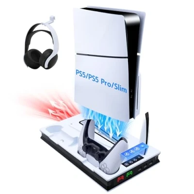 Afbeelding van Mcbazel PS5 Slim Charging Station Fan 3 Speed Adjustable Multifunctional LED Cooling Magnetic with Dual Charge Controller for Playstation 5/PS5 UHD/Digital Edition White