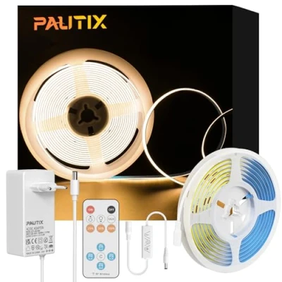 Afbeelding van PAUTIX COB ledstrip, warmwit, 2700 K, 2 m, 480 leds/m, dimbaar, 24 V, flexibel met RF afstandsbediening en voeding, CRI90 + helder inbouwlicht voor doe het zelf woondecoratie
