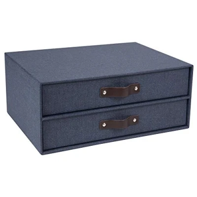 Afbeelding van Bigso Box of Sweden Lade opbergdoos voor documenten en kantoorbenodigdheden bureauorganizer met 2 lades vezelplaat papieren archiefsysteem elegante lederen handgreep blauw