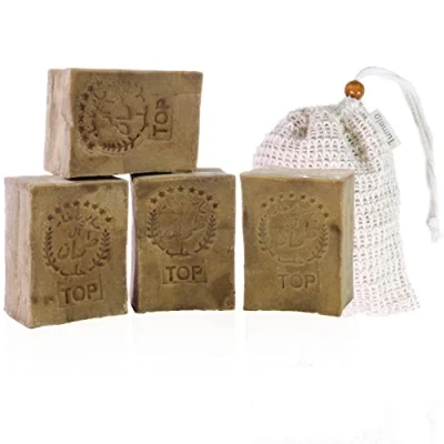 Afbeelding van TUMELO Originele Aleppo zeep 4 x 200g (800g) 70% Olijfolie 30% Laurierolie + Zeepzakje Handgemaakte olijfoliezeep Natuurlijke Vaste haarzeep/Douchzeep