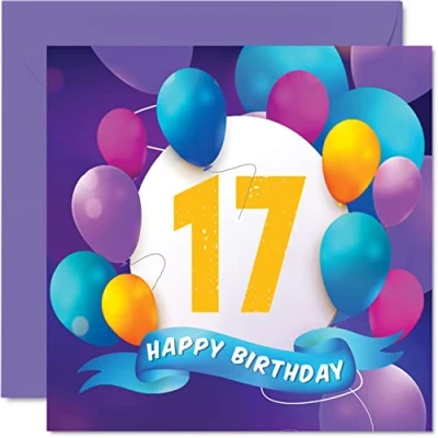 Afbeelding van 17e verjaardagskaart voor jongens meisjes ballonfeest gelukkige verjaardagskaarten 17 jaar oude tiener jongen meisje broer zus zoon dochter kleinzoon kleindochter, 145 mm x verjaardag wenskaarten cadeau