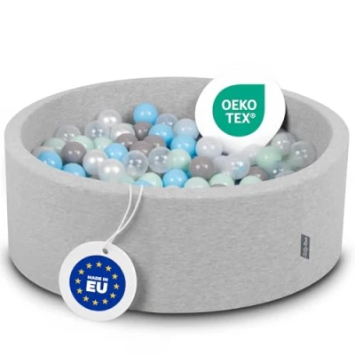 Afbeelding van KiddyMoon Schuim Ballenbak Voor Kinderen Met Ballen Ø 7 Cm Gemaakt In EU, Lichtgrijs:Parel Grijs Transparant Babyblue Munt,90X30cm/300