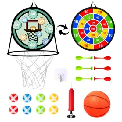 Afbeelding van dartbord voor kinderen, met basketbalstandaard, dubbelzijdig dartbordspel kleverige ballen darts, opblaasbaar basketbal, Hookable, indoor buiten werpspel