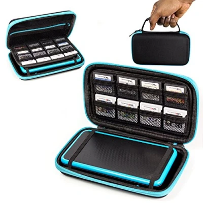 Afbeelding van Orzly 2DS XL hoes, draagtas voor de nieuwe Nintendo Beschermende harde schaal draagbare reisetui console met sleuven games en ritsvak Blauw op zwart, Zwart