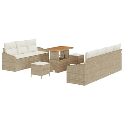 Afbeelding van vidaXL 10 delige Tuin Sofa Set met Kussens Beige Poly Rattan Acacia, 2 zits Rattan, 3 Eetset Acacia