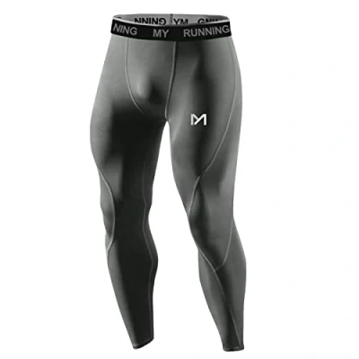 Afbeelding van MEETYOO Mannen Leggings, Sport Compressie Panty Sneldrogende Basislaag Bodem Training Broek Voor Running Fietsen Workout Gym, grijs 1, M