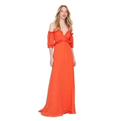 Afbeelding van Trendyol Granaatappelbloem A Cut Gevoerde Geweven Chiffon Lange Elegante Avondjurk Tprss22Ae00047