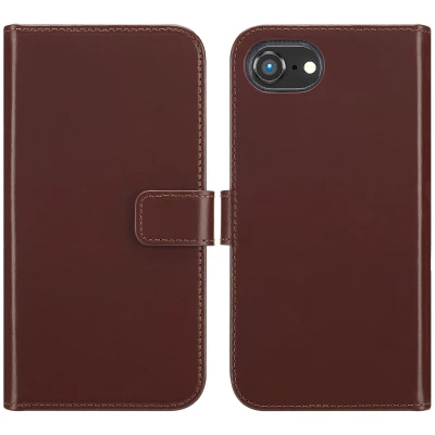 Afbeelding van iPhone SE 4 Hoesje Echt leder Selencia Bookcase Bruin Telefoonhoesje