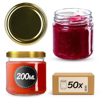 Afbeelding van KADAX kleine inmaakpotten, 200 ml, jampotten, diameter 66 mm, potten voor honing en specerijen, luchtdichte potten, weckpotten, ronde (50 stuks, goudkleurig)