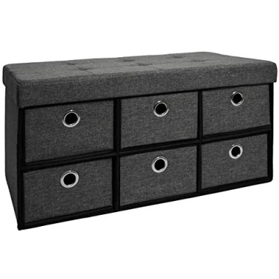 Afbeelding van DuneDesign Opvouwbare zitbank 76x38x38cm incl. 6 laden zitkist 80L gestoffeerde bank Ottoman linnen donkergrijs