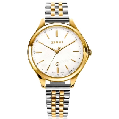 Afbeelding van ZINZI Classy horloge 34mm wit parelmoer wijzerplaat goudkleurige stalen kast en bicolor band, datum ziw1034