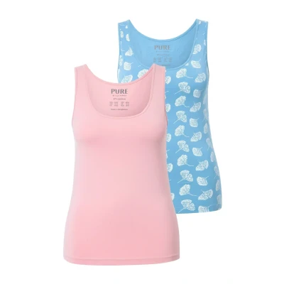 Afbeelding van Ulla Popken 2 PACK Ginkgo Print Tanks Hemd, Dames, Maat: 42/44, Dove blue
